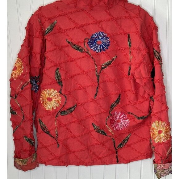 Vintage Tantrum Women’s Large Cotton Chenille Embroidered Coral Button Up Jacket - Picture 2 of 16